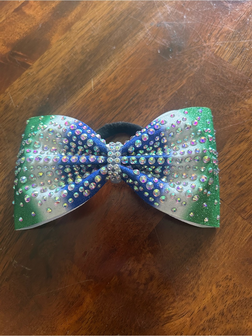 Sparkle Bow Hair Tie - Green, Blue & White Rhinestone Accent CHEER